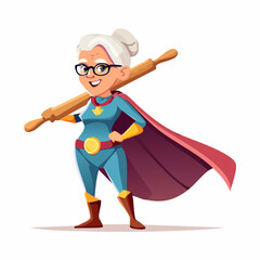 Super Granny's Culinary Adventure: A courageous elderly woman, reimagined as a superhero, confidently carries a rolling pin over her shoulder.