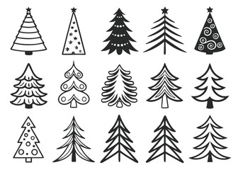 Obraz premium Assortment of Stylized Christmas Tree Icons in Black and White Line Art and Solid Fill holiday festive