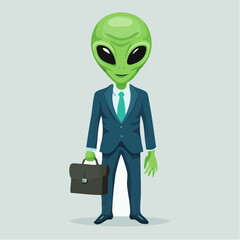 Alien in a Suit: A sophisticated extraterrestrial, sporting a sleek suit and briefcase, poses with a hint of intrigue against a muted backdrop.