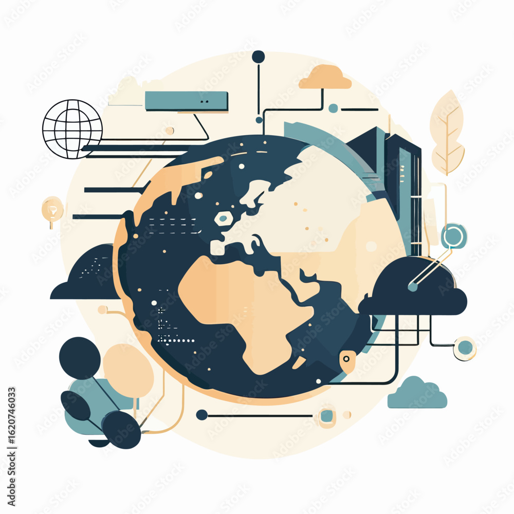Poster flat minimalist vector illustration of global technology network connecting earth with digital cloud