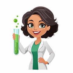 Illustrative Scientist Holding Test Tube: A vibrant illustration of a smiling scientist, holding a test tube filled with green liquid, conveying intelligence, innovation, and the spirit of discovery.
