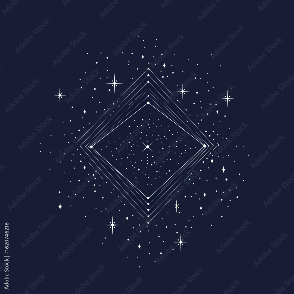 Poster abstract geometric diamond shape with layered lines and scattered starry space background in minimal