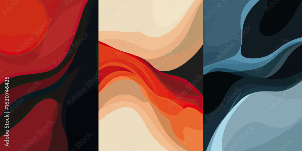 Poster abstract fluid shapes in red beige and blue tones with smooth gradient blending for modern artistic 