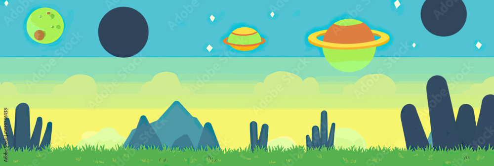 Poster colorful cartoon alien planet landscape with grass cacti mountains multiple planets and stars in min