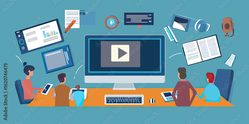 Poster group of diverse people attending online learning meeting using computers tablets and digital device