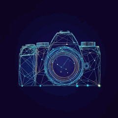 Digital wireframe illustration of vintage camera with polygonal lines and glowing dots on dark background technology photography concept vector art