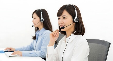 Asian woman working in call center with headset isolated on white background
