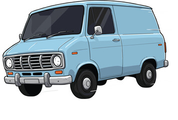 Vintage blue cartoon van, retro delivery vehicle, classic transportation design, nostalgic illustration, characterful automotive art, hand-drawn travel concept