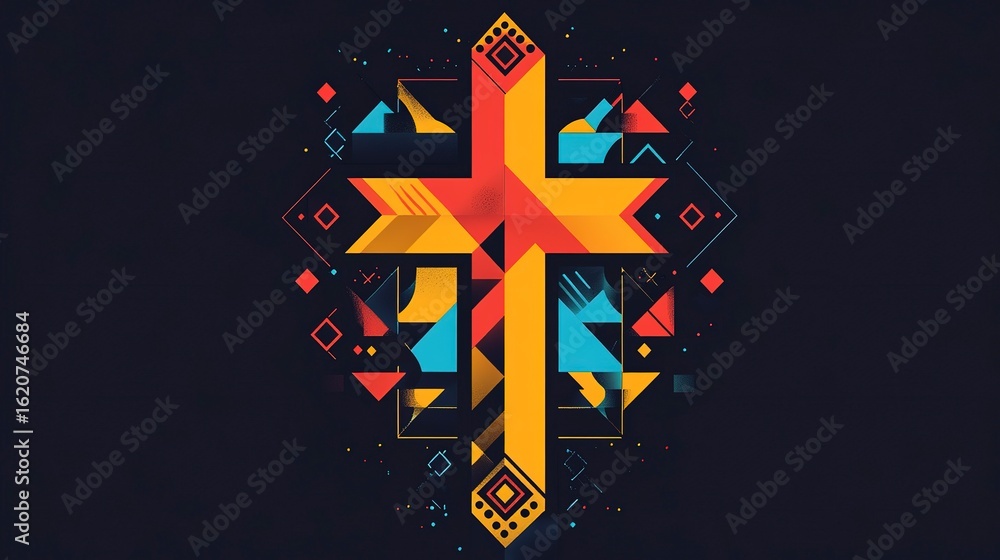 Poster geometric cross design with vibrant colors and intricate patterns on a dark background