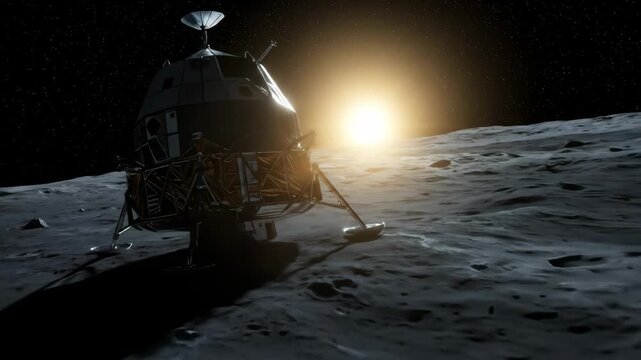 Lunar Landcraft at Sunrise - A beautifully video lunar lander rests on the moon's surface, with the sun rising in the background, casting a warm glow across the desolate landscape.