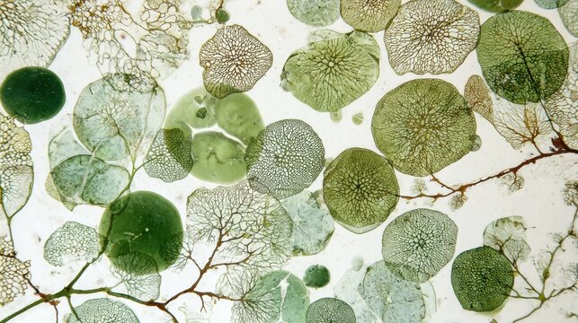 Green algae and leaves creating an abstract pattern on white background