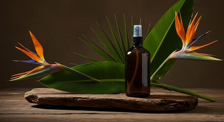 Dark Amber Spray Bottle with Tropical Bird of Paradise Flowers and Green Leaves on Rustic Wooden Surface
