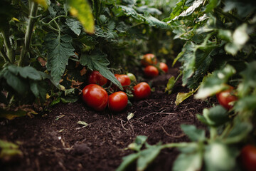 Ripe Tomatoes Growing in a Garden with Dark Soil

