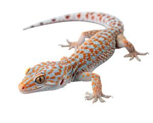 Stunning Tokay Gecko with vibrant orange and blue markings showcases intricate details and unique pattern