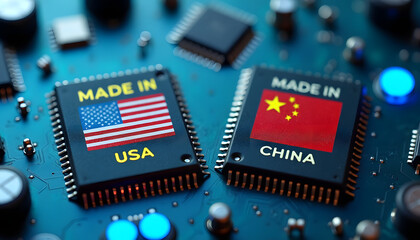 Computer chips with the flags of the USA and China on a circuit board represent global technology and trade.