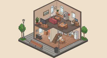 Flat Style Isometric House Cutaway with Furniture and City Elements &ndash; Two Floor Layout