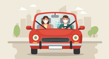 Flat Design Illustration of Couple Driving with Face Masks in Urban City &ndash; Health Safety Concept During Pandemic