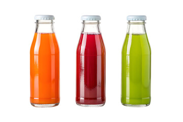 Vibrant trio of healthy juices in clear glass bottles offering fresh taste and wellness