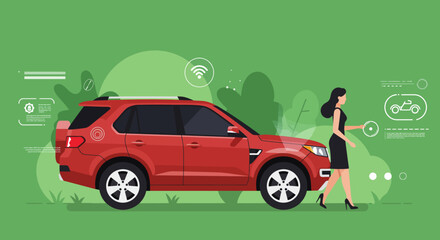 Woman Controlling High-Tech Red SUV &ndash; Smart Automotive Technology and Eco Urban Design