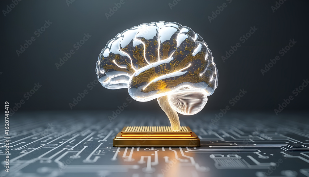Poster a glowing brain on a circuit board, representing artificial intelligence.