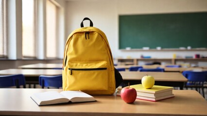 bright yellow backpack standing on a school desk on the left, a stack of books with a red apple on top placed next to it