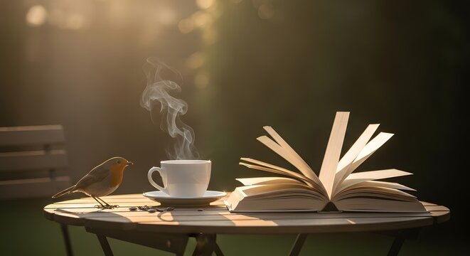 A bird observes a cup of steaming coffee and an open book on a table.