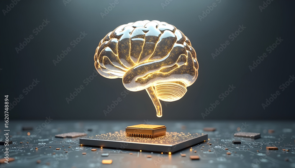 Poster a luminous brain hovers above a computer chip, representing ai and technology.