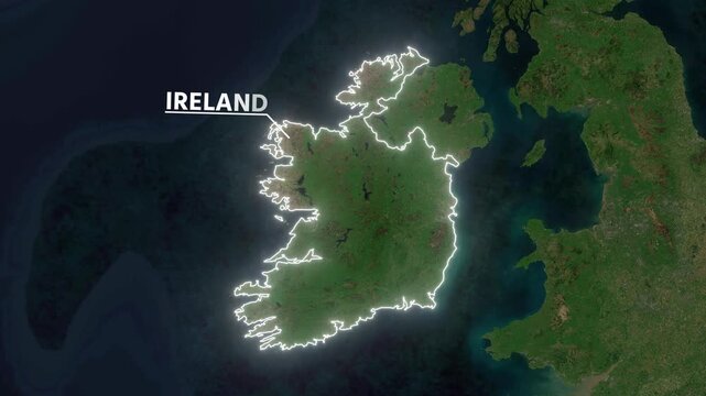 Zoom from Earth to Ireland. Glow outline map animation satellite view with highlighted country borders. Cinematic documentary 3d world map animation highlights aerial views, tourism, and travel. 4k