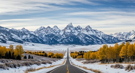 shot of an entire valley blanketed in fresh snow, with a prominent winding road leading towards a distant range of snow-capped mountains and patches of golden aspen trees along its path, 