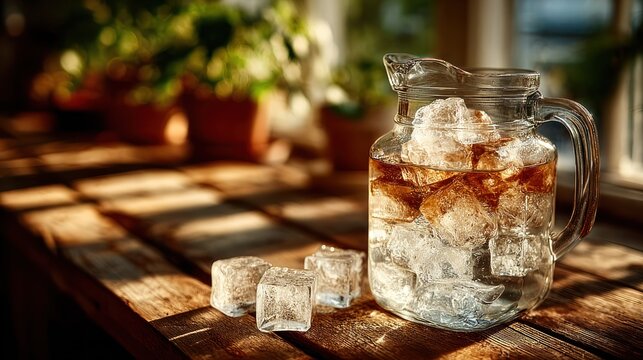 Glass pitcher filled with iced tea, surrounded by ice cubes on a wooden table, bathed in sunlight