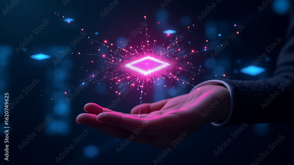 Poster artificial intelligence ai circuit board in shape electronic pcb circuit icon symbol on businessman 