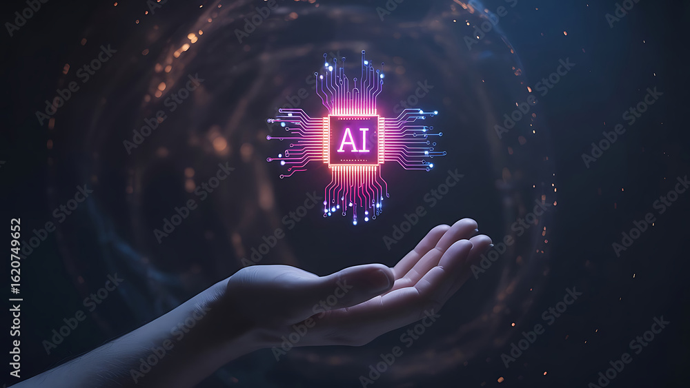 Poster artificial intelligence ai circuit board in shape electronic pcb circuit icon symbol on businessman 