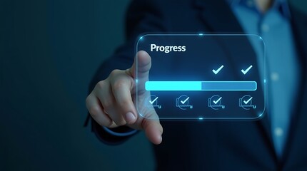 Hand pushing a digital button on a smart touchscreen interface to connect with a future social network