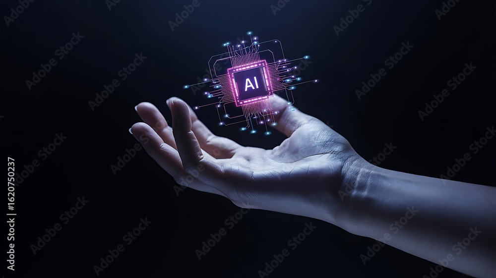 Poster artificial intelligence ai circuit board in shape electronic pcb circuit icon symbol on businessman 