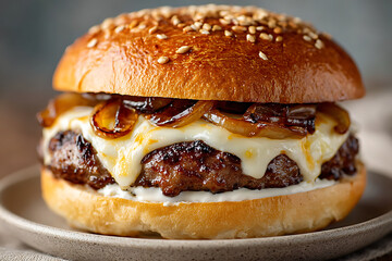 Side macro view of juicy burger with melting cheese and grilled toppings isolated on neutral background for food styling