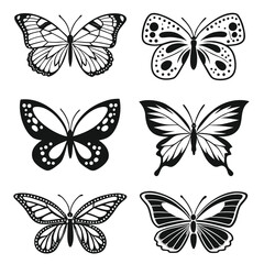 Fototapeta premium Collection Of Six Stylized Black And White Butterfly Silhouettes With Intricate Wing Patterns insect