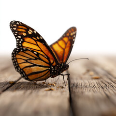 Obraz premium Monarch butterfly on wooden surface in closeup view with blurred background