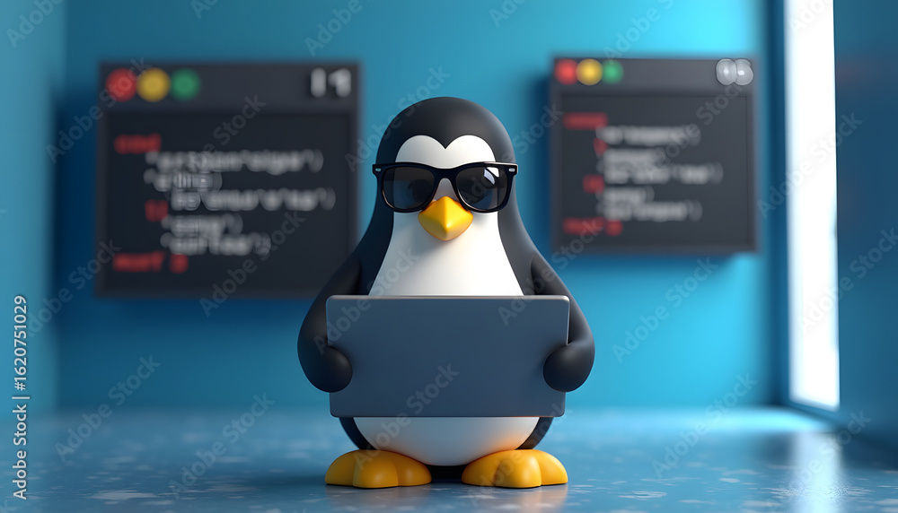 Poster a penguin coding with a laptop is seen in a modern, creative environment with code windows in the ba