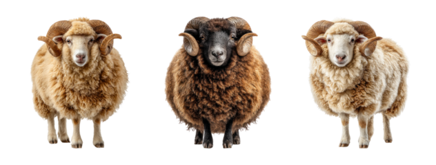 Three Rams with Distinctive Wool on Transparent Background