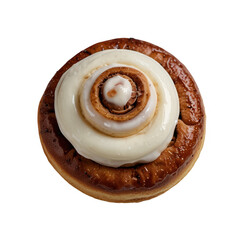 Overhead view of a cinnamon roll with white frosting on a black background