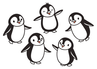 Fototapeta premium Five Cute Cartoon Penguins Waving and Smiling on White Background illustration animal
