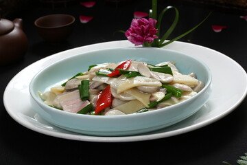 Chinese cuisine, Cantonese cuisine, stir fried mushrooms with winter bamboo shoots