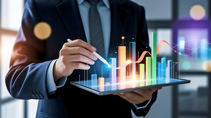 Businessman analyzing financial data on a tablet with a holographic interface showing charts and graphs for business growth.