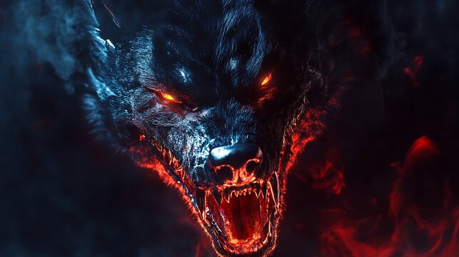 A fierce wolf with fiery red eyes emerges from darkness a dramatic photo illustration