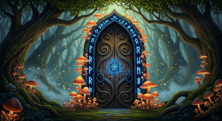 Enchanting forest portal with glowing runes and mushrooms - a magical gateway beckons to fantasy realms and mystical adventures