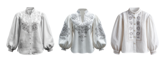 Elegant White Blouses with Embroidery on Transparent Background