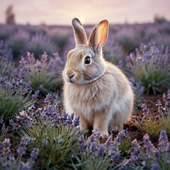 Serene image of a rabbit sitting amidst a lavender field with a sunset backdrop. Ideal representation of peace, nature, and rural beauty.