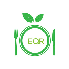 EQR Letter Logo. EQR Organic Food Logo with Plate, Fork, Knife, and Leaf Icon – Healthy Restaurant and Eco-Friendly Dining Design.
