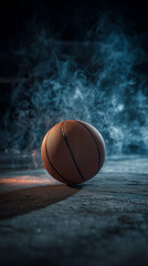 basketball on smoky court floor 