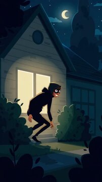 A character in a dark outfit stealthily moves near a house illuminated by a window